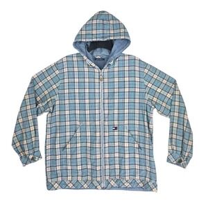 Vtg Tommy Hilfiger Plaid Hooded Jacket Mens L Blue Green Yellow Full Zip Cotton
